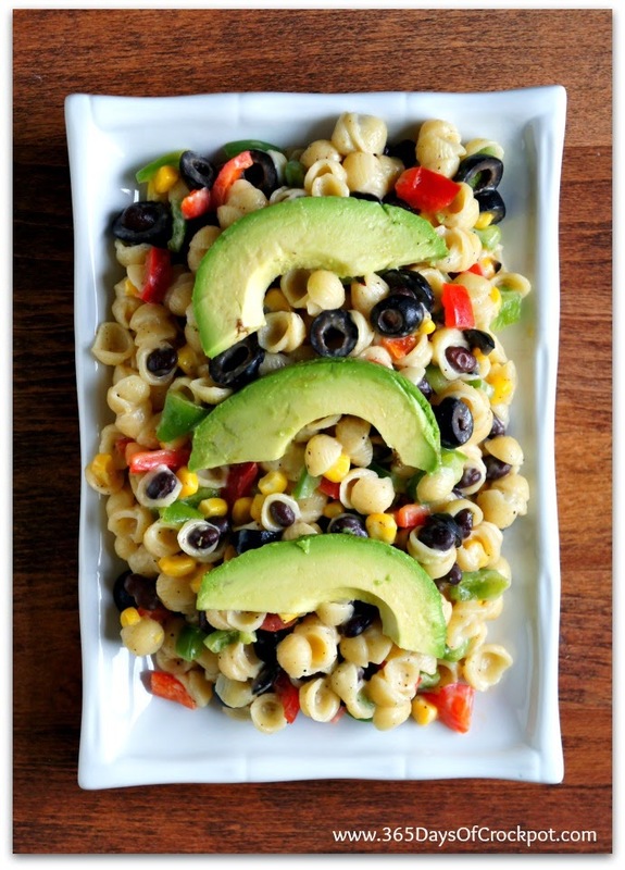 White Cheddar and Pasta Shells with Corn, Peppers and Avocados