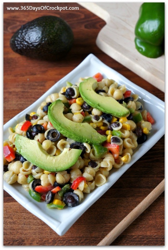 White Cheddar and Pasta Shells with Corn, Peppers and Avocados