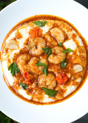 An overhead shot of shrimp and grits served at Mattie's restaurant in Austin