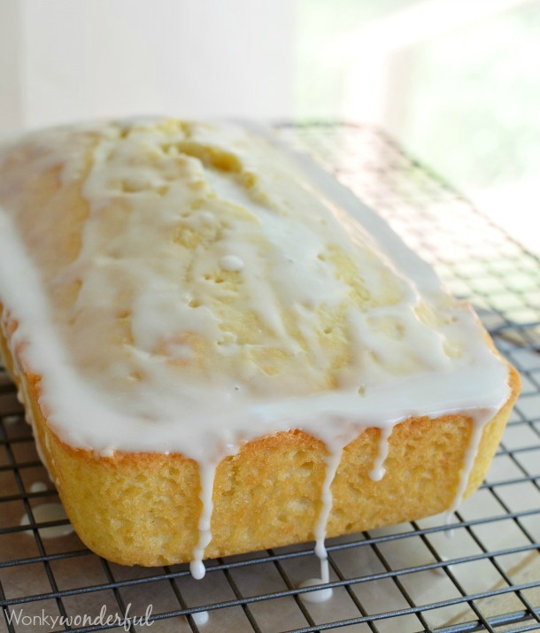 glazed quick bread loaf on wire rack