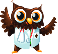 A drawing of a cartoon owl character dressed as a doctor.