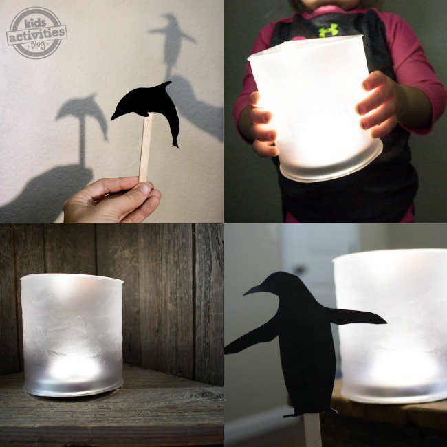 Printable Animal Shadow Puppets collage shown making shadows on the wall with light