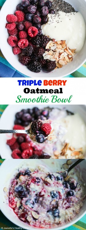 Triple Berry Oatmeal Smoothie Bowl With Almonds And Chia Seeds Triple Berry Oatmeal Smoothie Bowl With Almonds And Chia Seeds