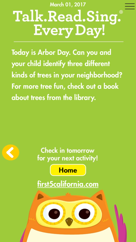 First 5 California Talk Read Sing app Arbor Day prompt for parents
