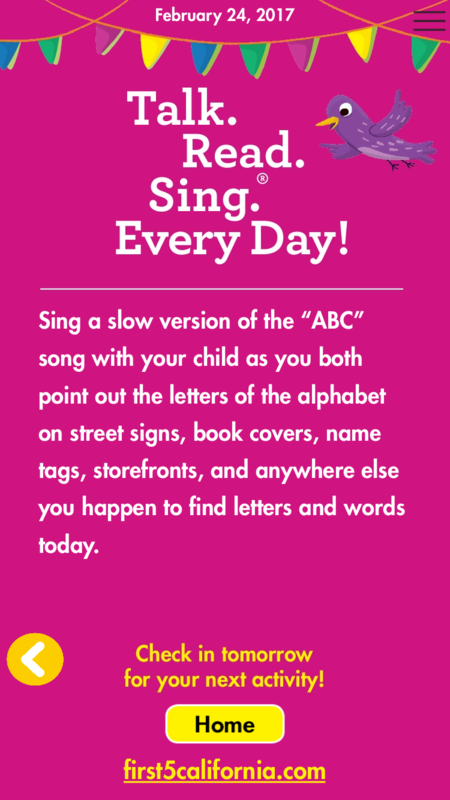 First 5 California Talk Read Sing app, prompt for parents