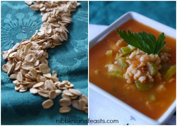 The Watered Road 3 A rustic cutting board with fresh Roma tomatoes, celery, leeks, and a bowl of Quaker Old Fashioned Oats, essential ingredients for Avenaguada soup.