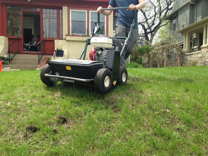 Using a slit seeder on the lawn