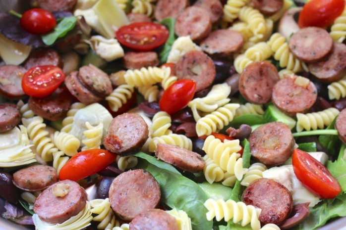 Greek Salad with Sausage Recipe: A tasty summer meal idea that's simple and simply delicious! Pair to with Cupcake® Pinot Grigio for a wonderful meal.