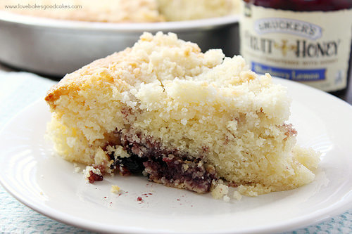 Blueberry Lemon Crumb Coffee Cake on a plate close up.